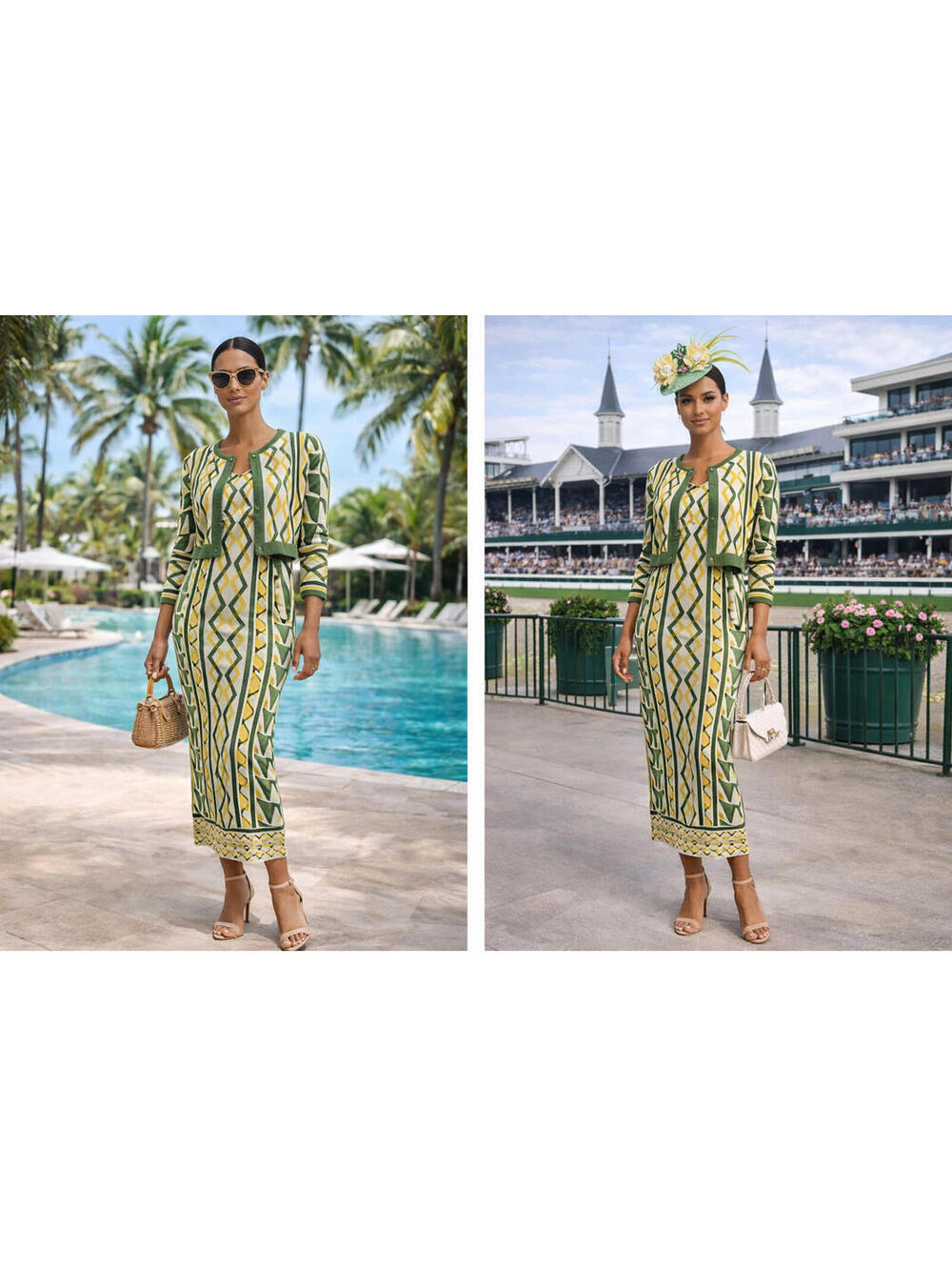 MISA Los Angeles Green Yellow Knit Dress and Cardigan Set